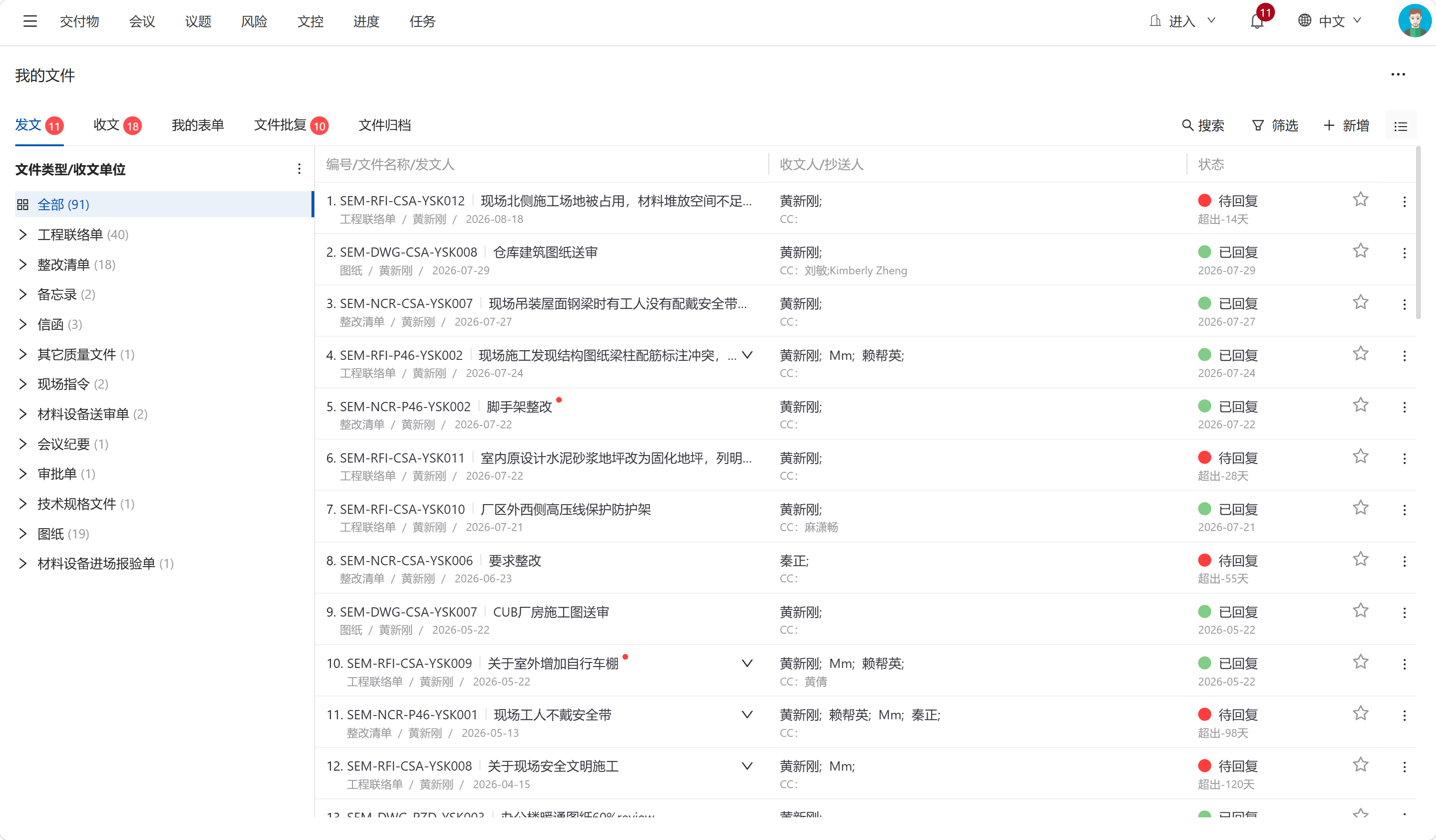 文控中心界面：发文与收文管理、文件类型分类、回复状态与逾期天数跟踪